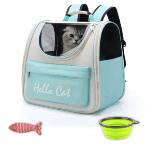 FurFusion Cat Travel Backpack – Portable Ventilated Pet Carrier with Mesh Windows, Front Pocket “Hello Cat” Design, Includes Collapsible Bowl & Toy (37×25×34 cm)