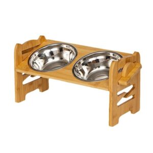 FurFusion Elevated Double Cat Bowl — Premium Wooden Stand with Stainless Steel Bowls for Comfortable & Hygienic Feeding